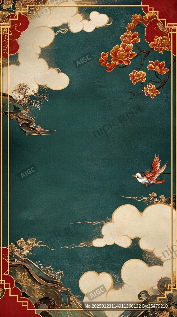海浪仙鹤云纹中式背景