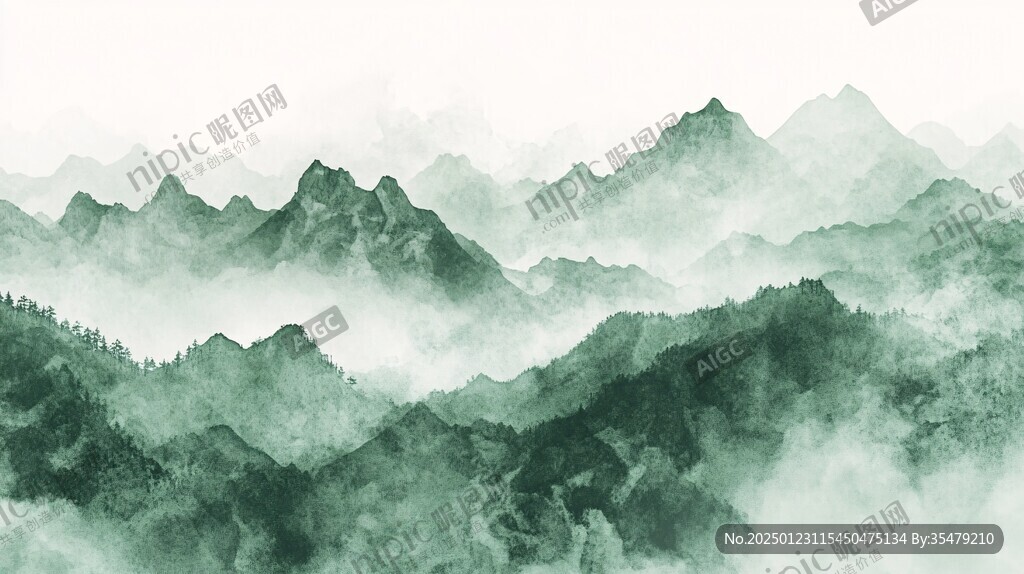 绿色水墨山峰背景