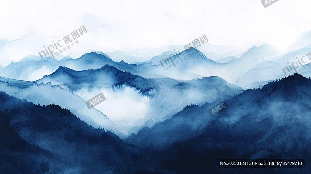 蓝调水墨群山