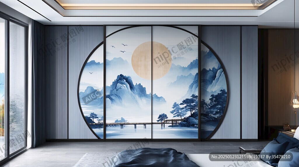 圆山水框画硬包背景