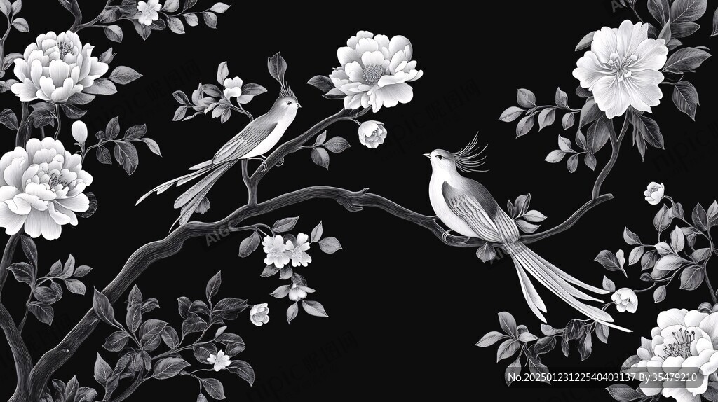 花鸟灰度图