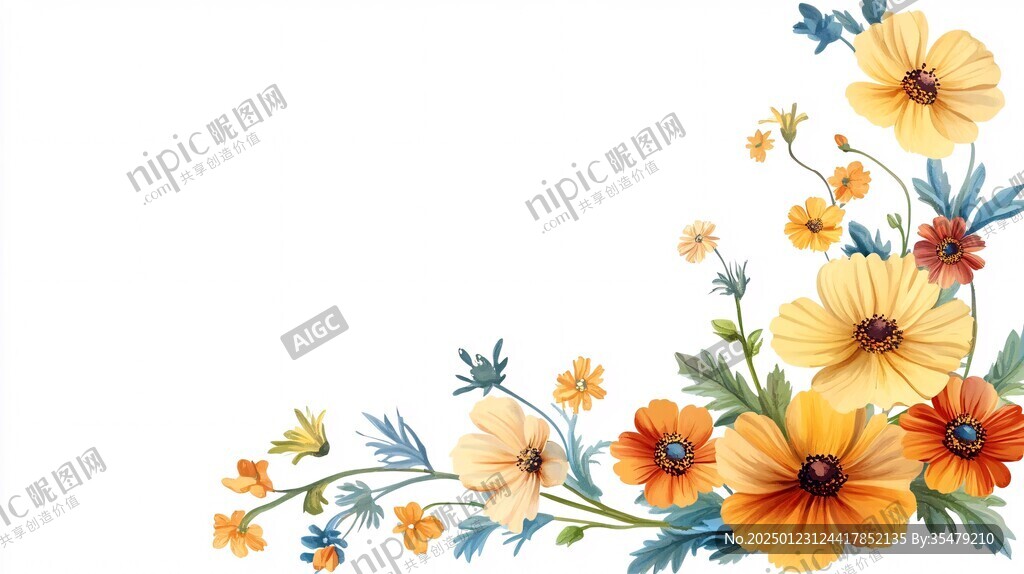 橙黄蓝花手绘