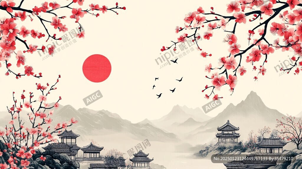 仙鹤楼阁古风山水画