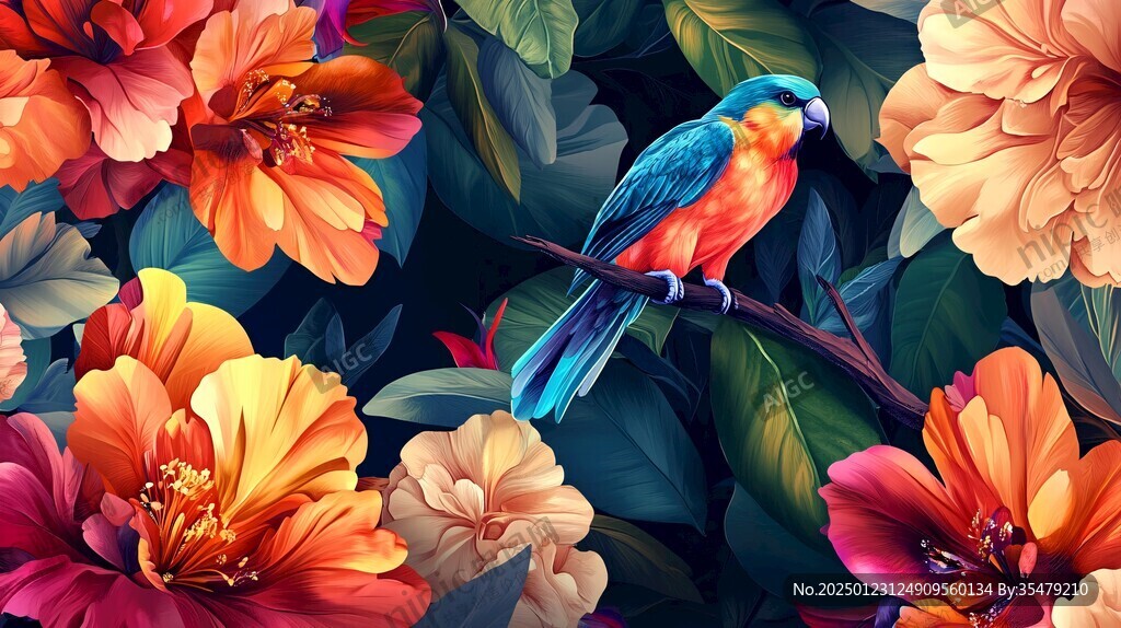鹦鹉花卉墙纸