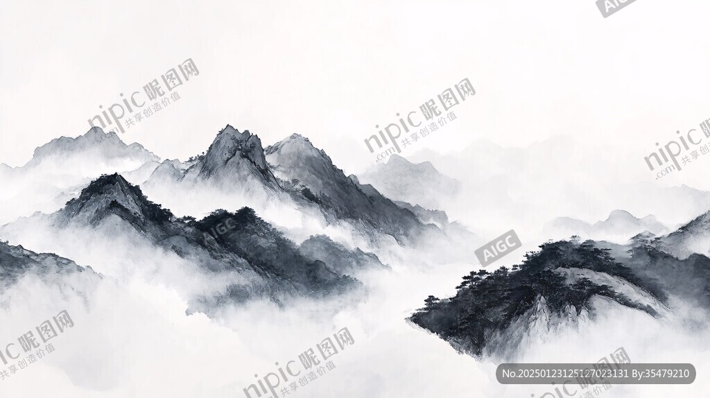 屏风墨韵禅意山峰云雾
