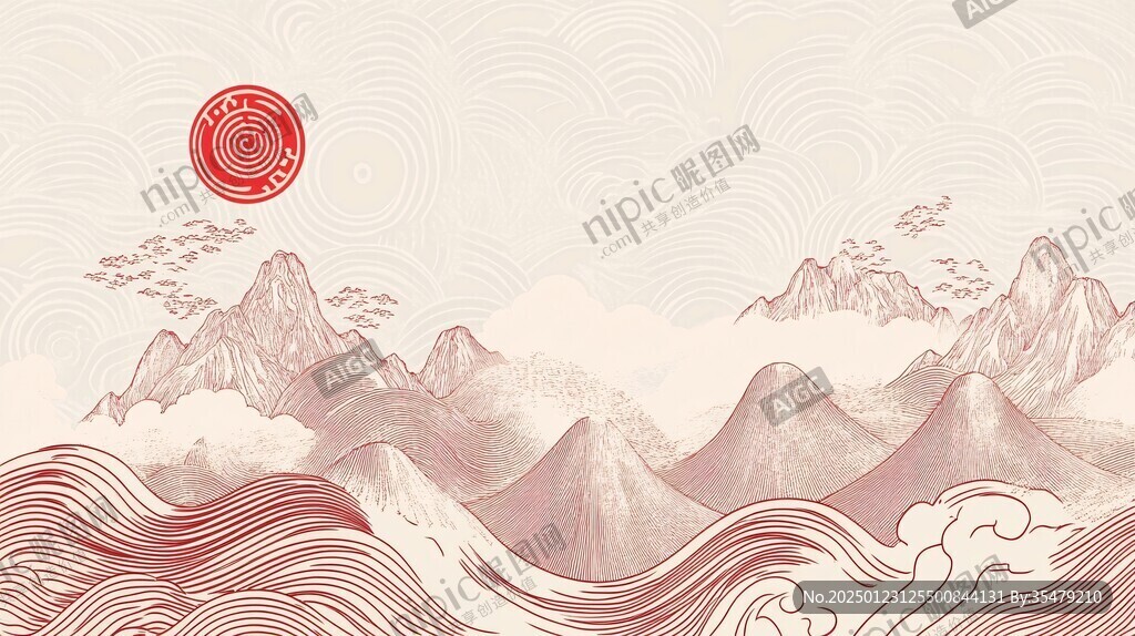 高端山水线包装插画