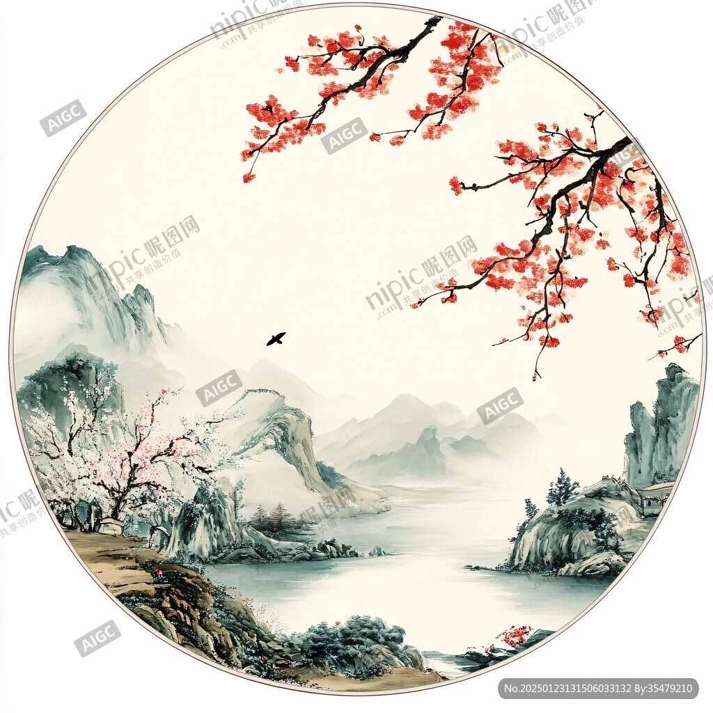 意境山水花鸟圆形画
