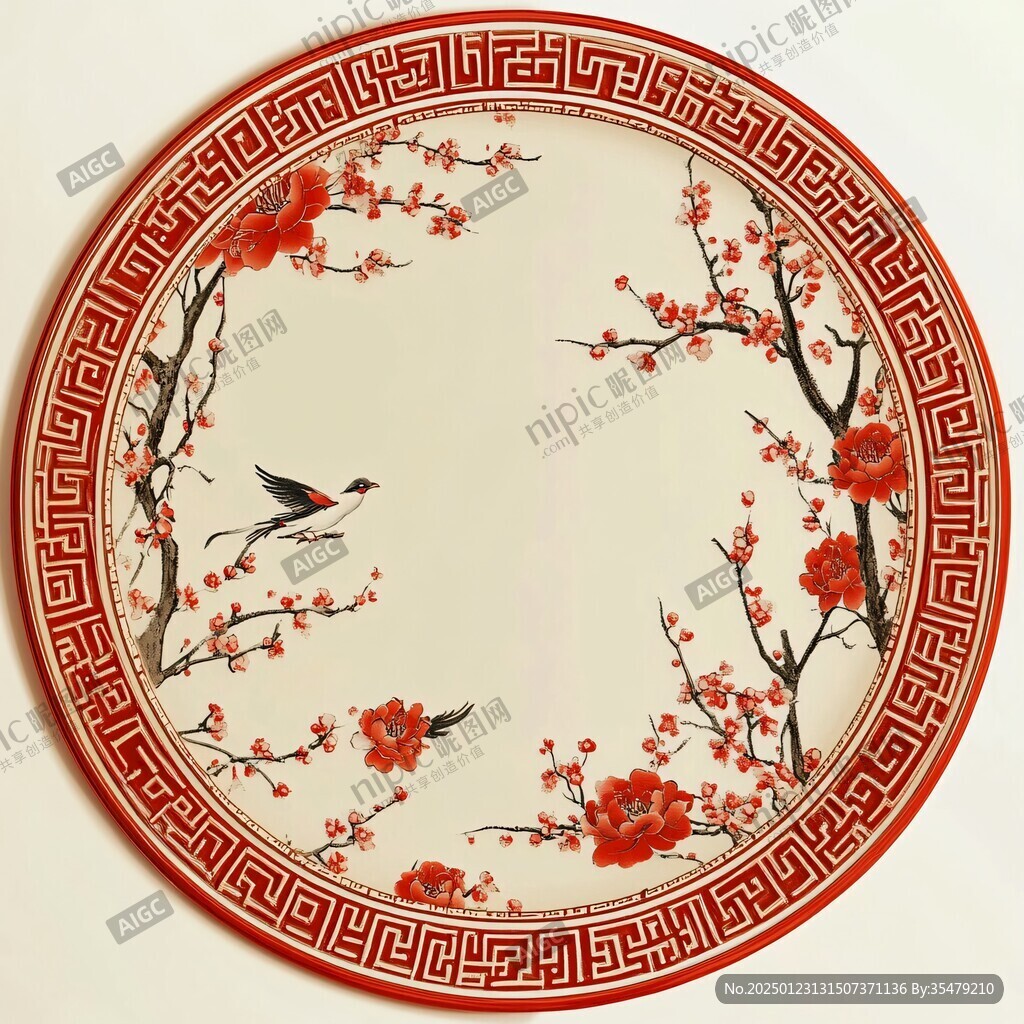 手绘梅花花鸟圆形框画