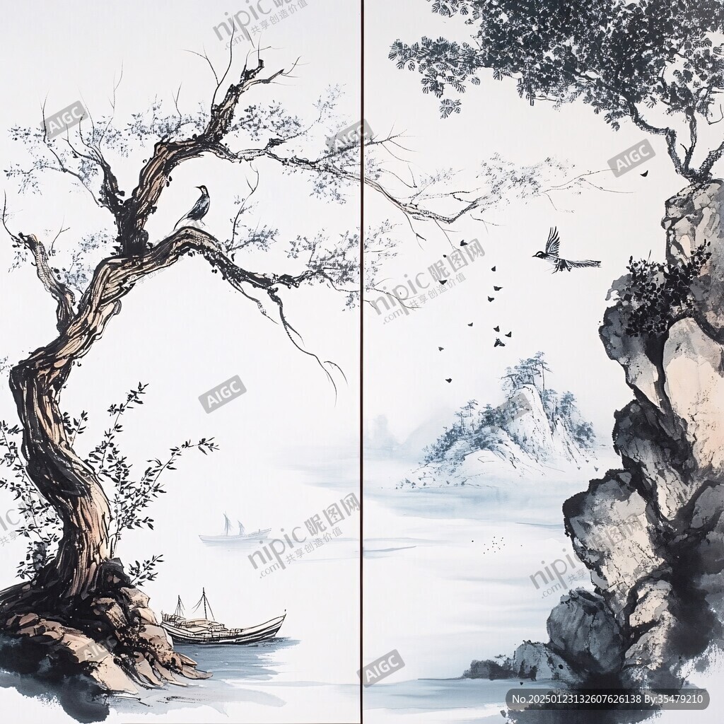 水墨条屏禅意山水画