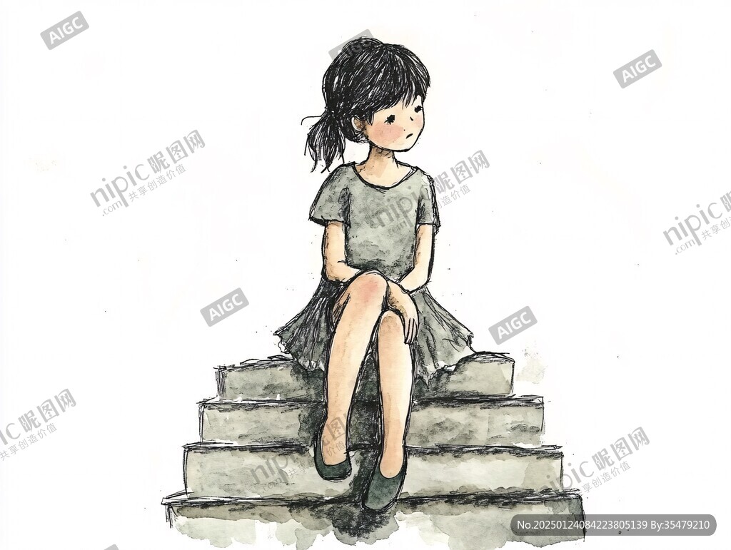 麻花辫女孩坐台阶上