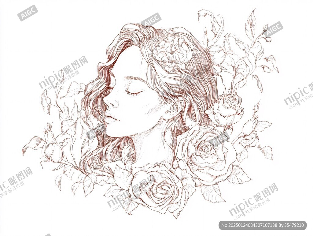 玫瑰花女孩线稿