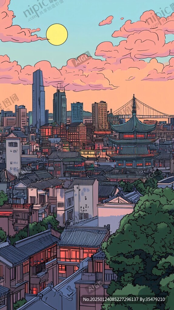 插画城市夕阳