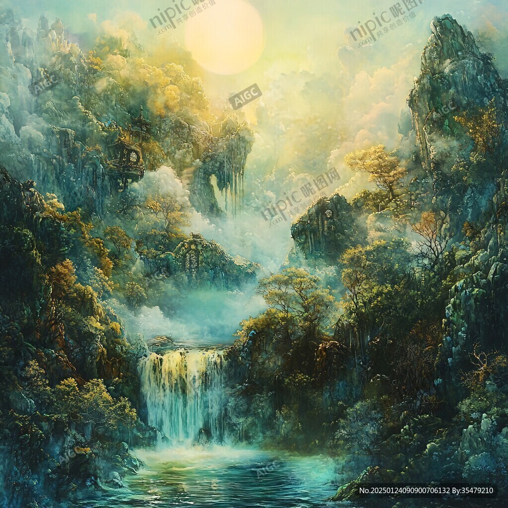 山水风景油画瀑布