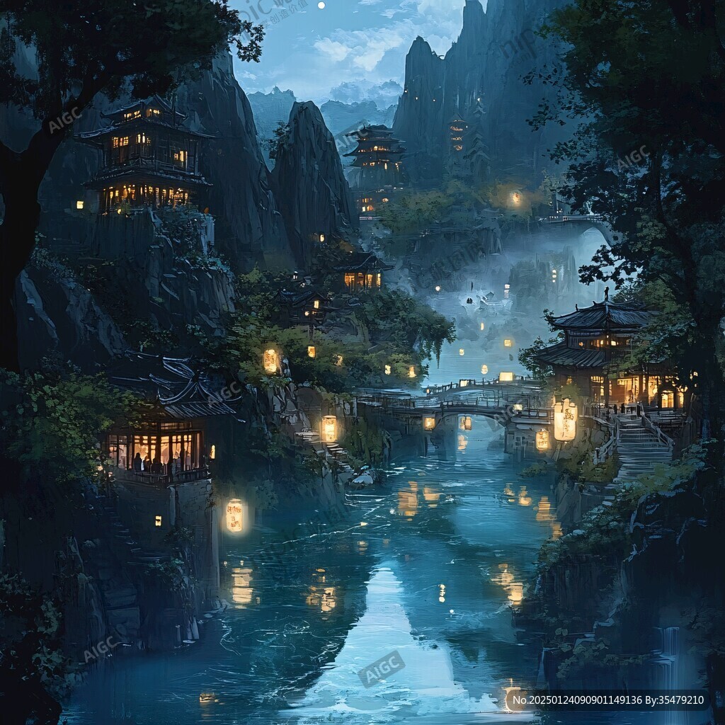 玄幻古镇夜景