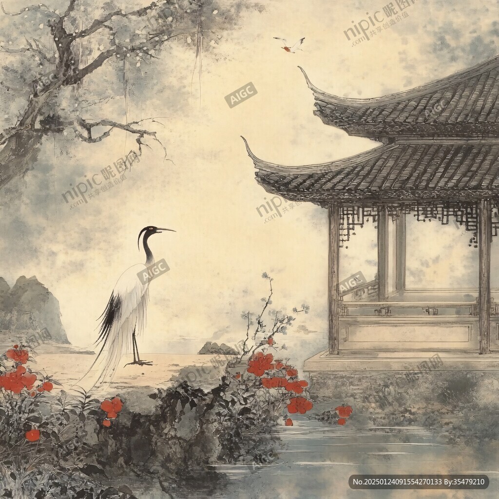 古典阁楼仙鹤