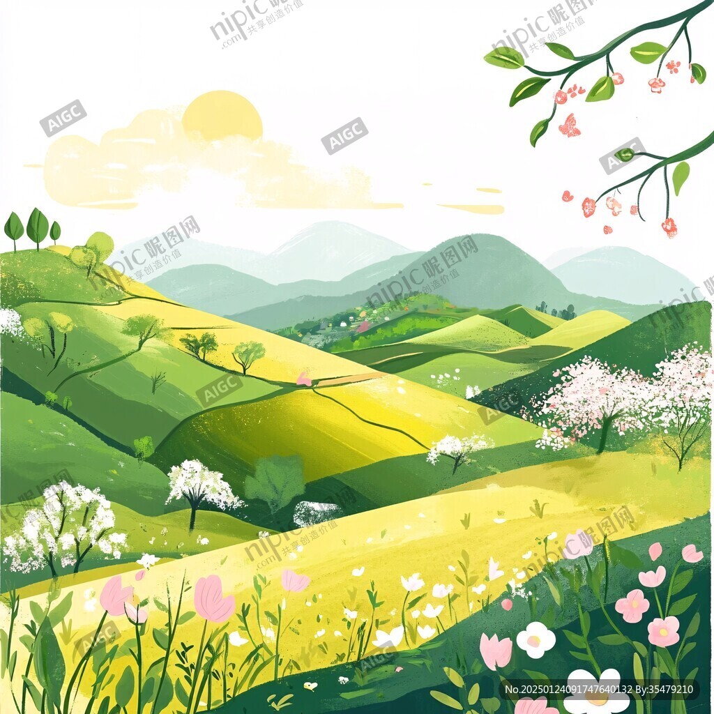 手绘春天乡村