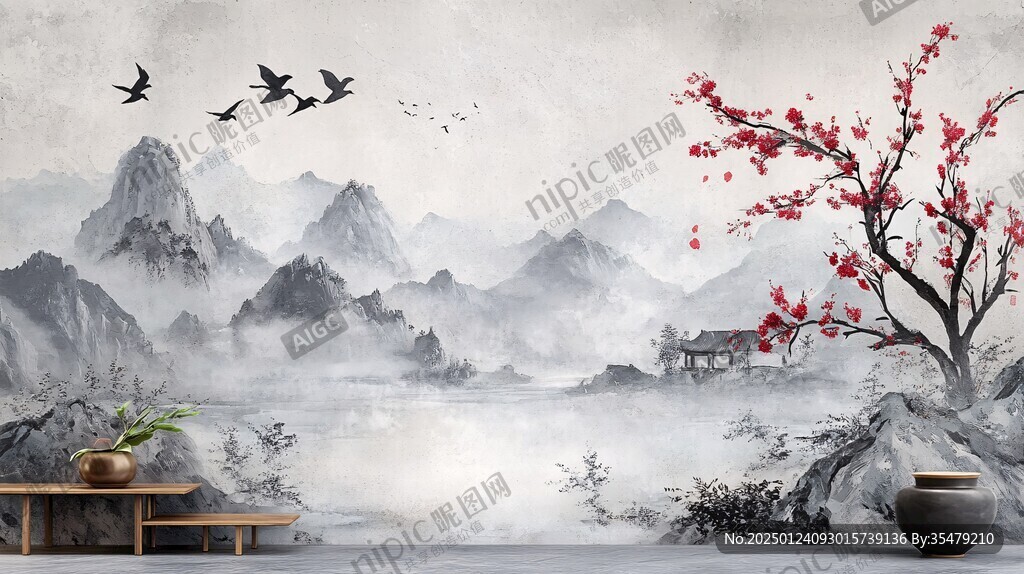古风花鸟山水背景墙