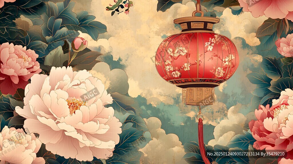 新中式牡丹花鸟图