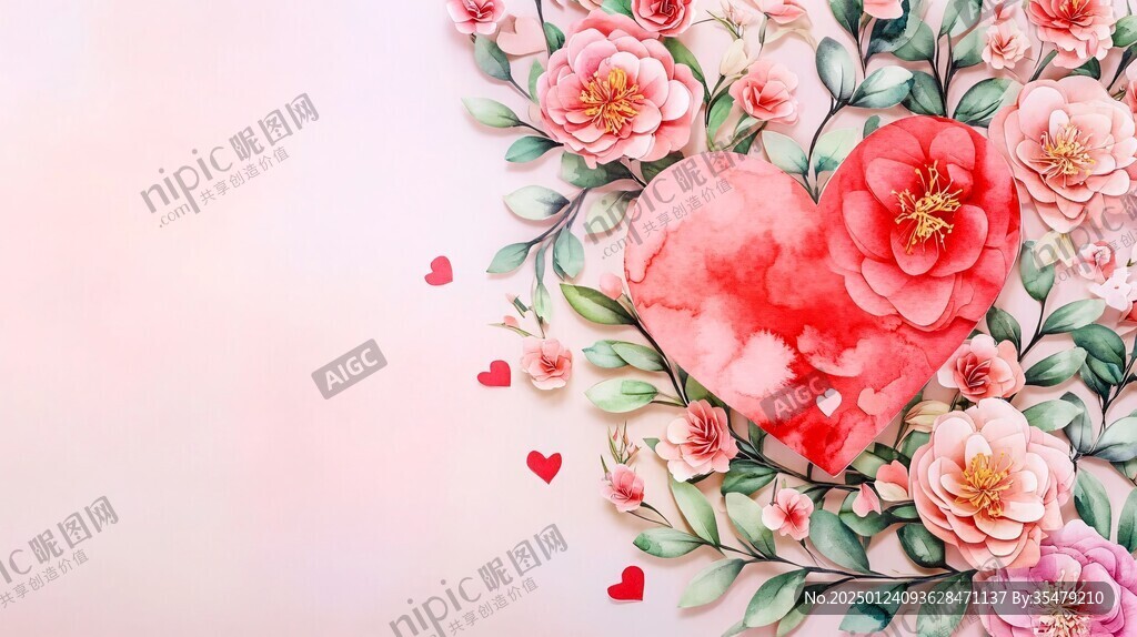 浮雕花卉与爱心红色