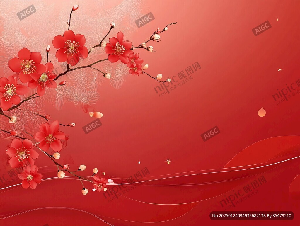 工笔手绘红墙梅花