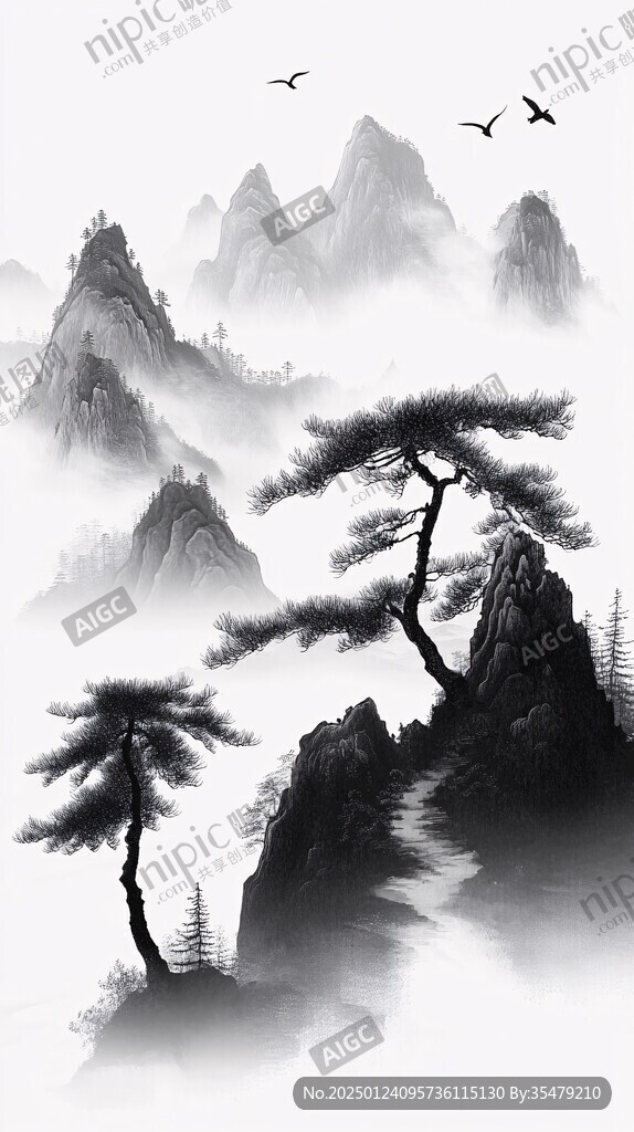 禅意迎客松水墨画