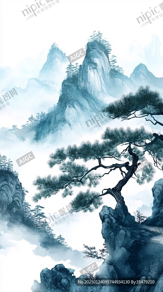 迎客松松树禅意山水