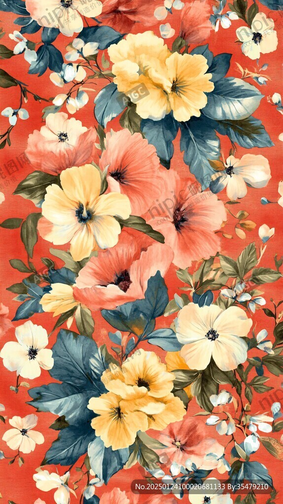西瓜红花背景数码印花