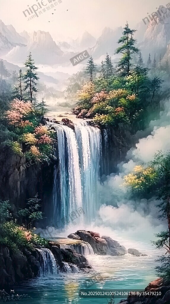 山水风景油画瀑布