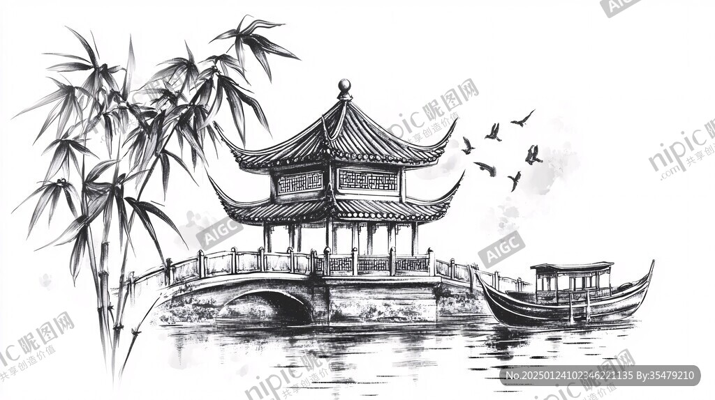 江南建筑剪影轮廓手绘