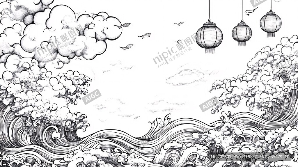 海浪仙鹤云纹中式背景