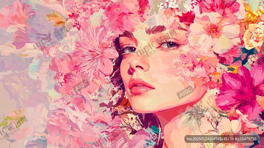 鲜花与美女手绘
