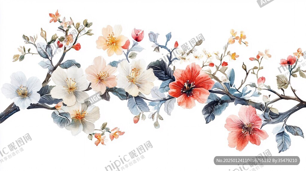 手绘水彩梅花花鸟壁画