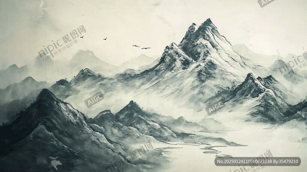水彩画山峰高山远山