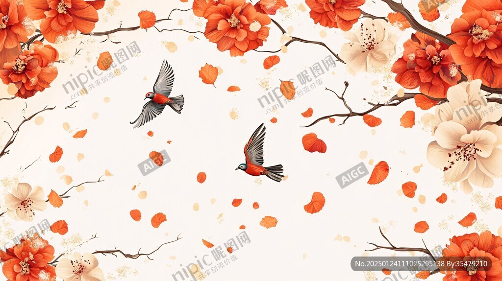 新中式手绘红色花鸟