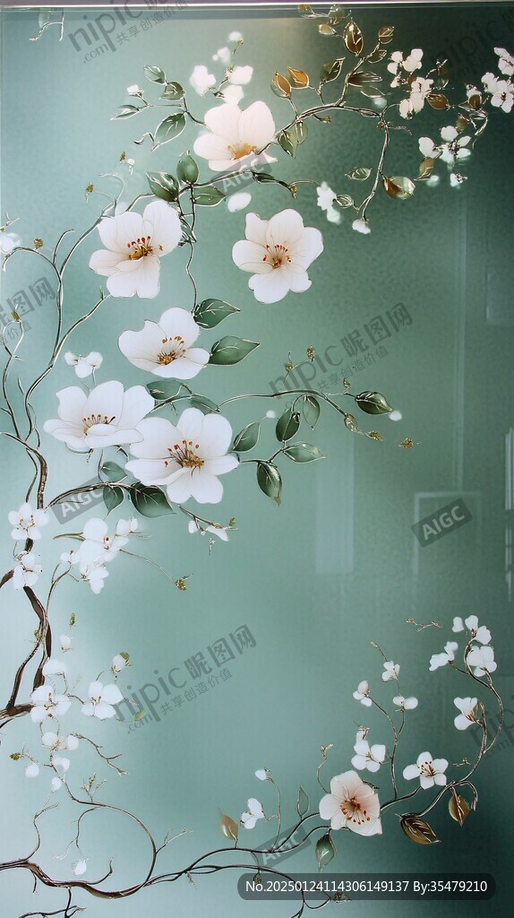 移门工笔画冰晶画梅花