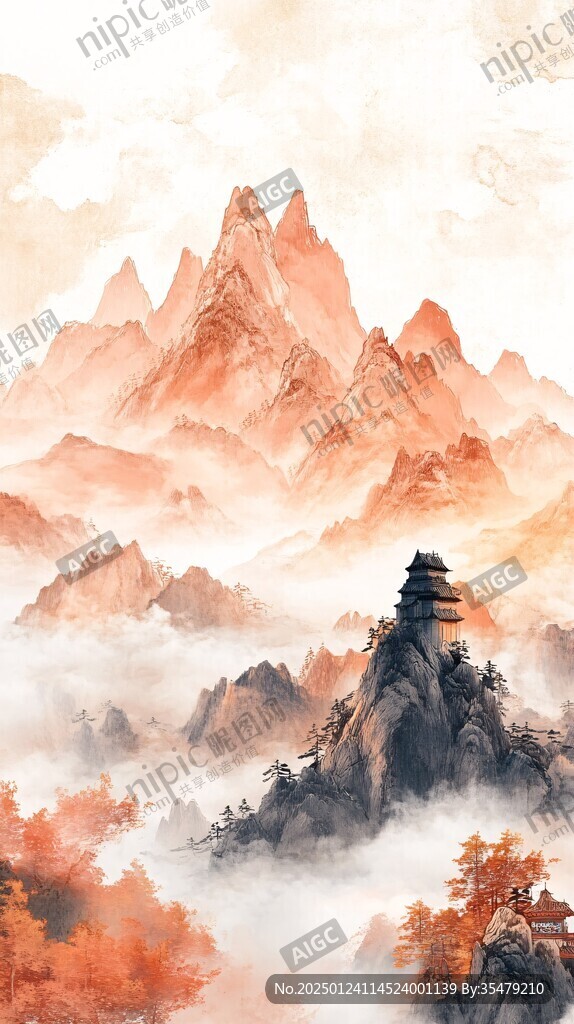 红日水墨山水