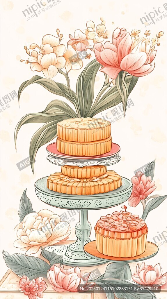 月饼牡丹花插画