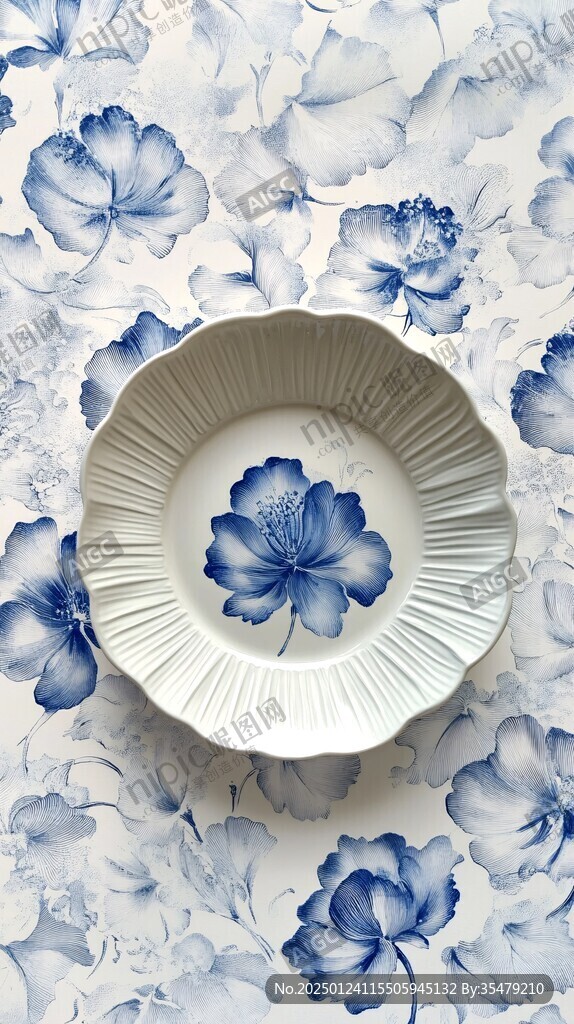 蓝底白花盘