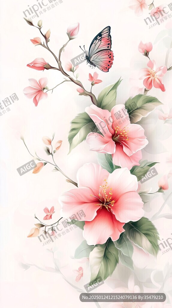 桃花蝴蝶插画