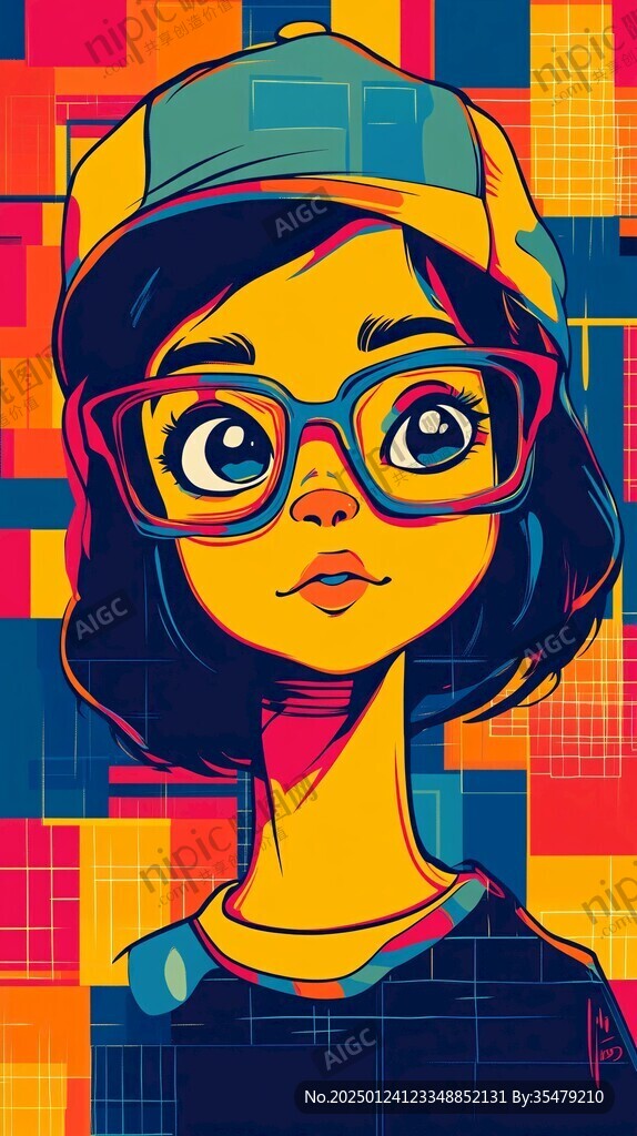 插画人物戴眼镜女孩