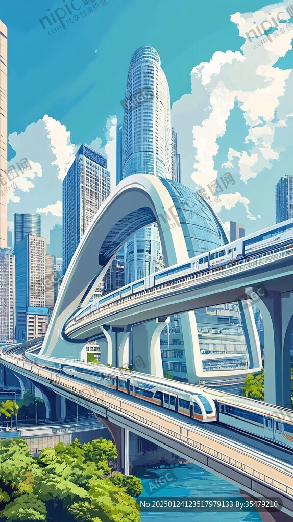 高铁轻轨插画