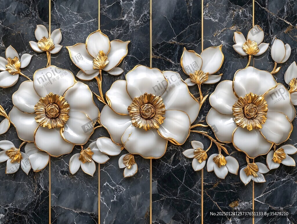 轻奢金色牡丹花线条