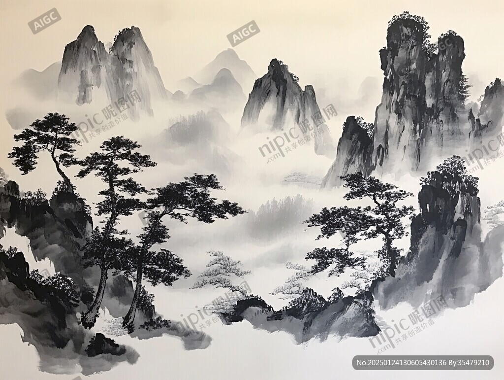 迎客松软膜天花水墨画