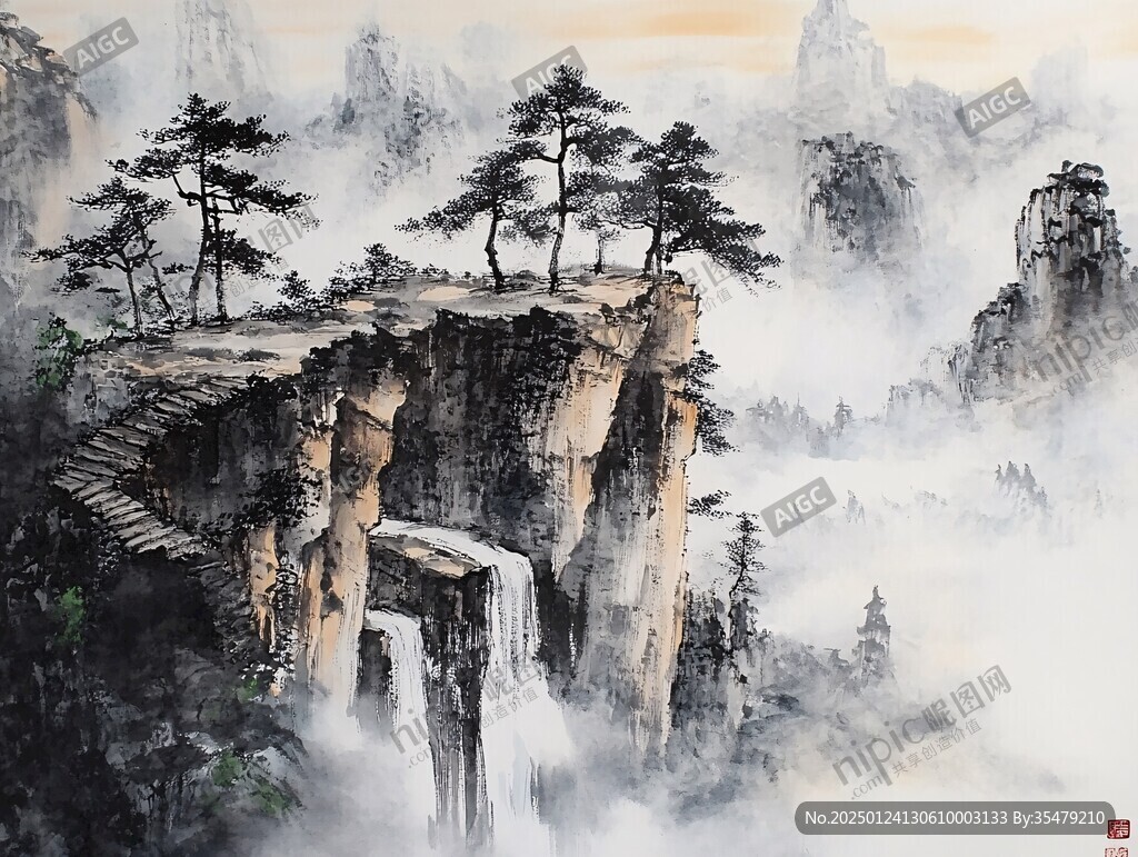 迎客松油画