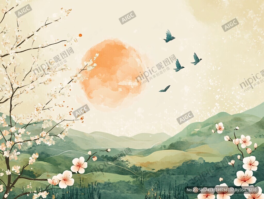 花好月圆水墨山水画