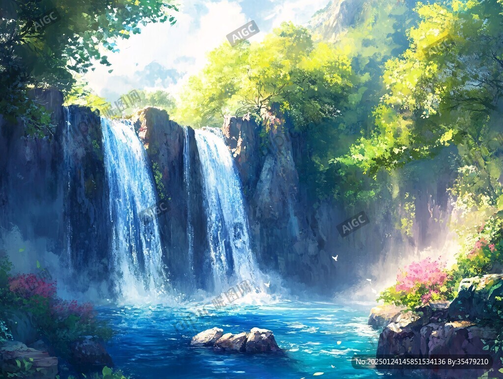 山水风景油画瀑布