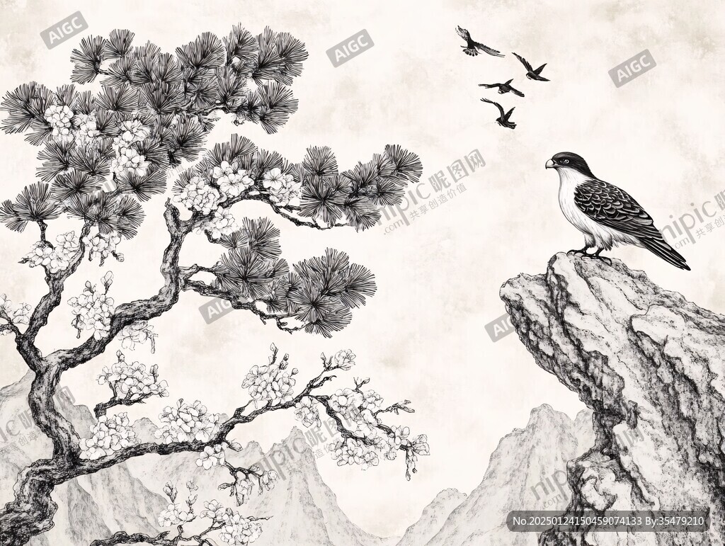 古柏古松仙鹤工笔画