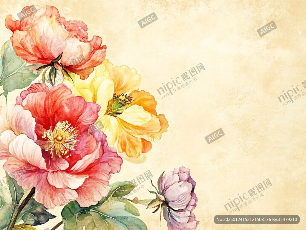 水彩牡丹手绘花鸟壁画