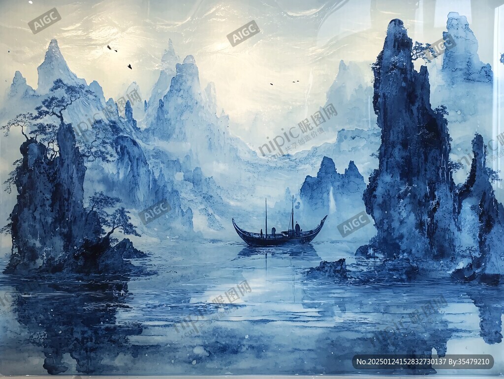蓝色经典巨幅山水