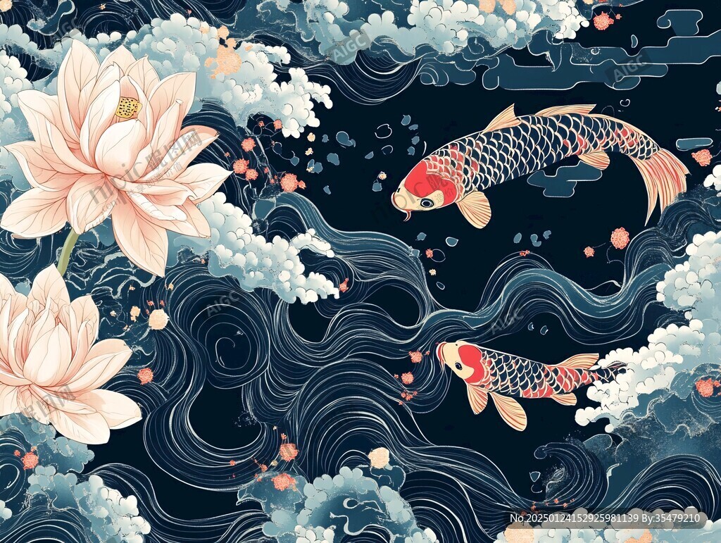 鲤鱼荷花插画